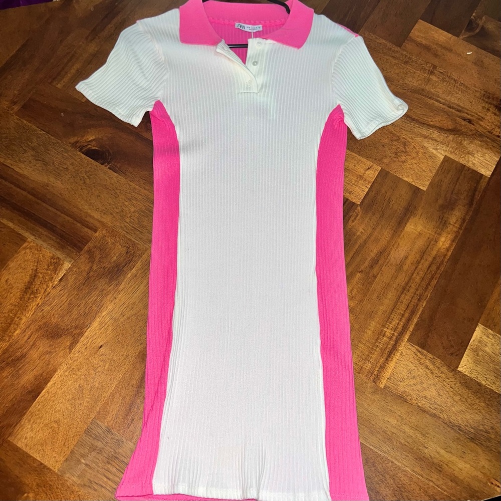 Zara Pink and White Collared Mini Dress